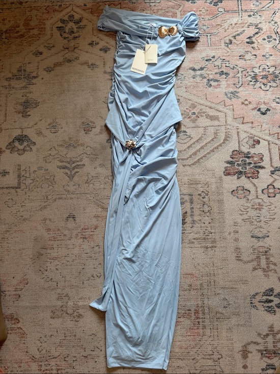 Peppermayo Dresses & Skirts - Peppermayo Light Blue One-Shoulder Ruched Maxi Dress with Gold Accents